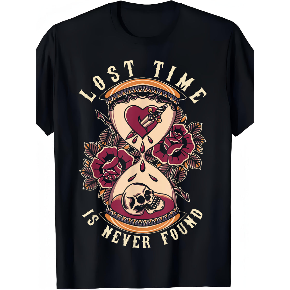 Men's & Unisex Vintage Hourglass Tattoo T-Shirt - Old School Full-Body Print, Crew Neck Casual Tee Suitable for Spring Summer Fall Winter Outdoor Wear, Sizes S-XXXXXL Retro Streetwear for - Wear