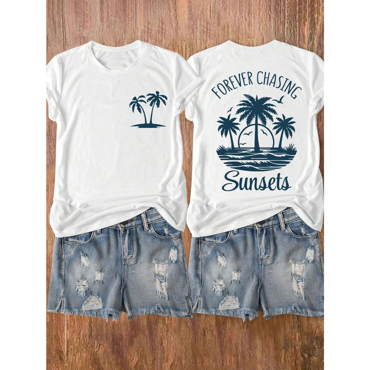 Sunsets Beach Palm Tree And Letter Print Short Sleeve Round Neck T-Shirt, Suitable For Casual, Outdoor, Holiday Everyday Wear, All Seasons