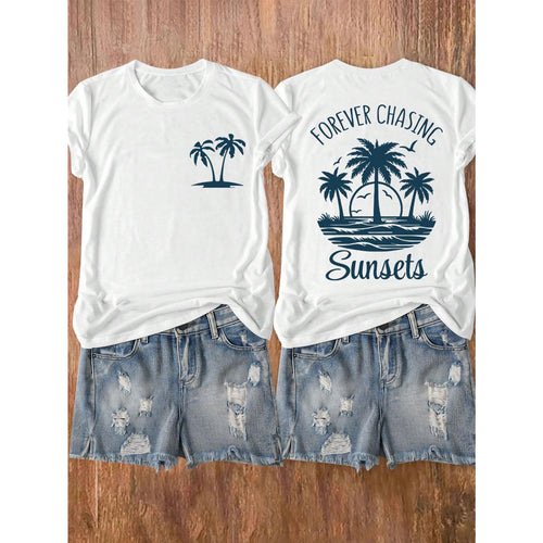 Sunsets Beach Palm Tree And Letter Print Short Sleeve Round Neck T-Shirt, Suitable For Casual, Outdoor, Holiday Everyday Wear, All Seasons