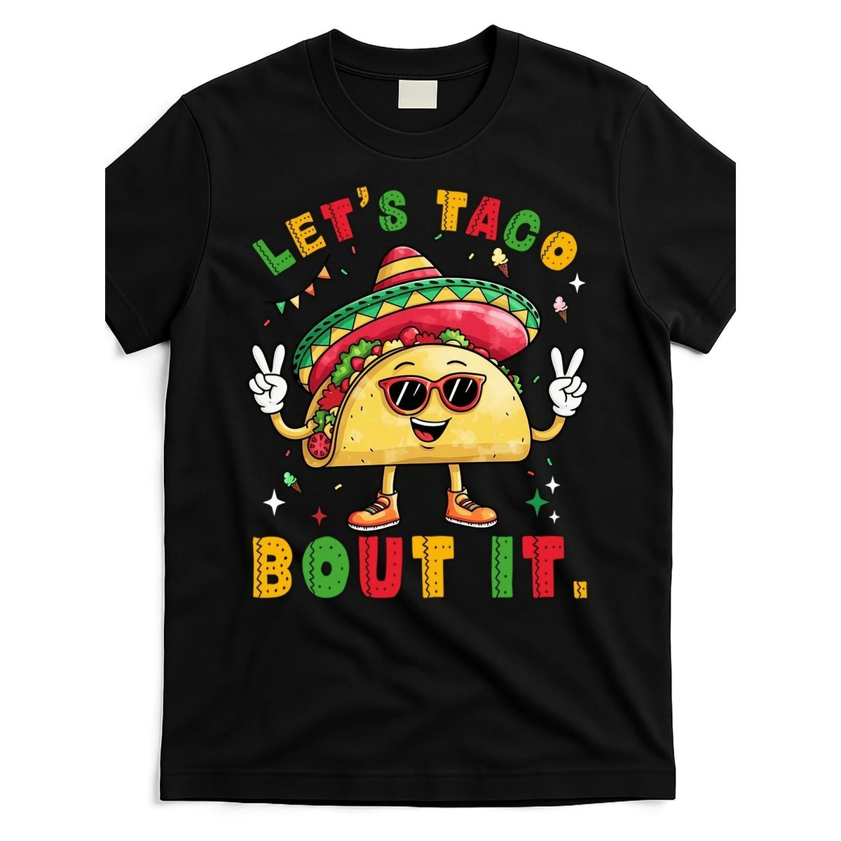 "LET'S TACO BOUT IT" Graphic T-Shirt - Fun Black Tee Featuring Cheerful Cartoon Taco with Sombrero & Sunglasses, Short Sleeve, Round Neck, Vibrant Multicolored Design, Perfect for Casual Wear & Taco Lovers