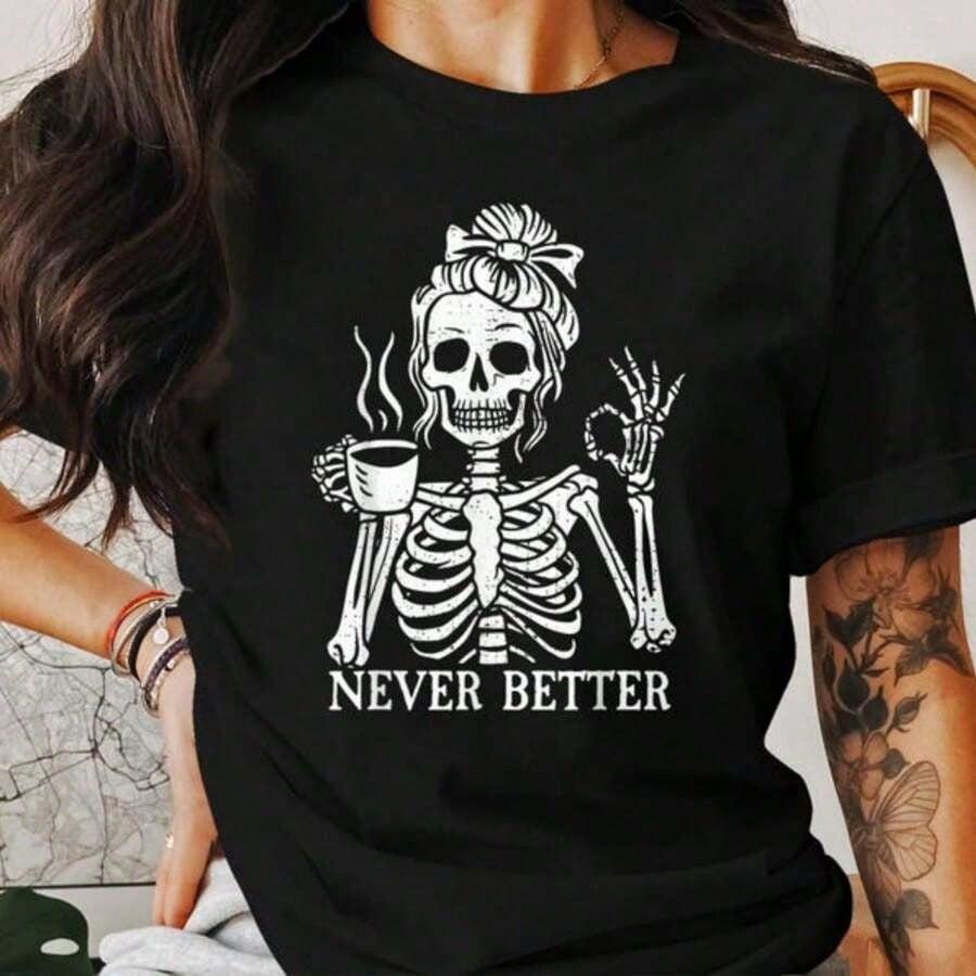 Skeleton Coffee Lover T-Shirt | Funny Halloween Skeleton Graphic Tee | Gothic Skull Design | 100% Cotton Casual Top