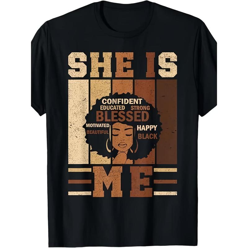 She Is Me Empowering Black History Juneteenth T-Shirt - Unisex Adult Casual Crew Neck Short Sleeve Tee with African Woman Portrait & Positive Affirmations (Educated, Strong, Beautiful, Motivational Quotes) - Regular Fit for Men & Women