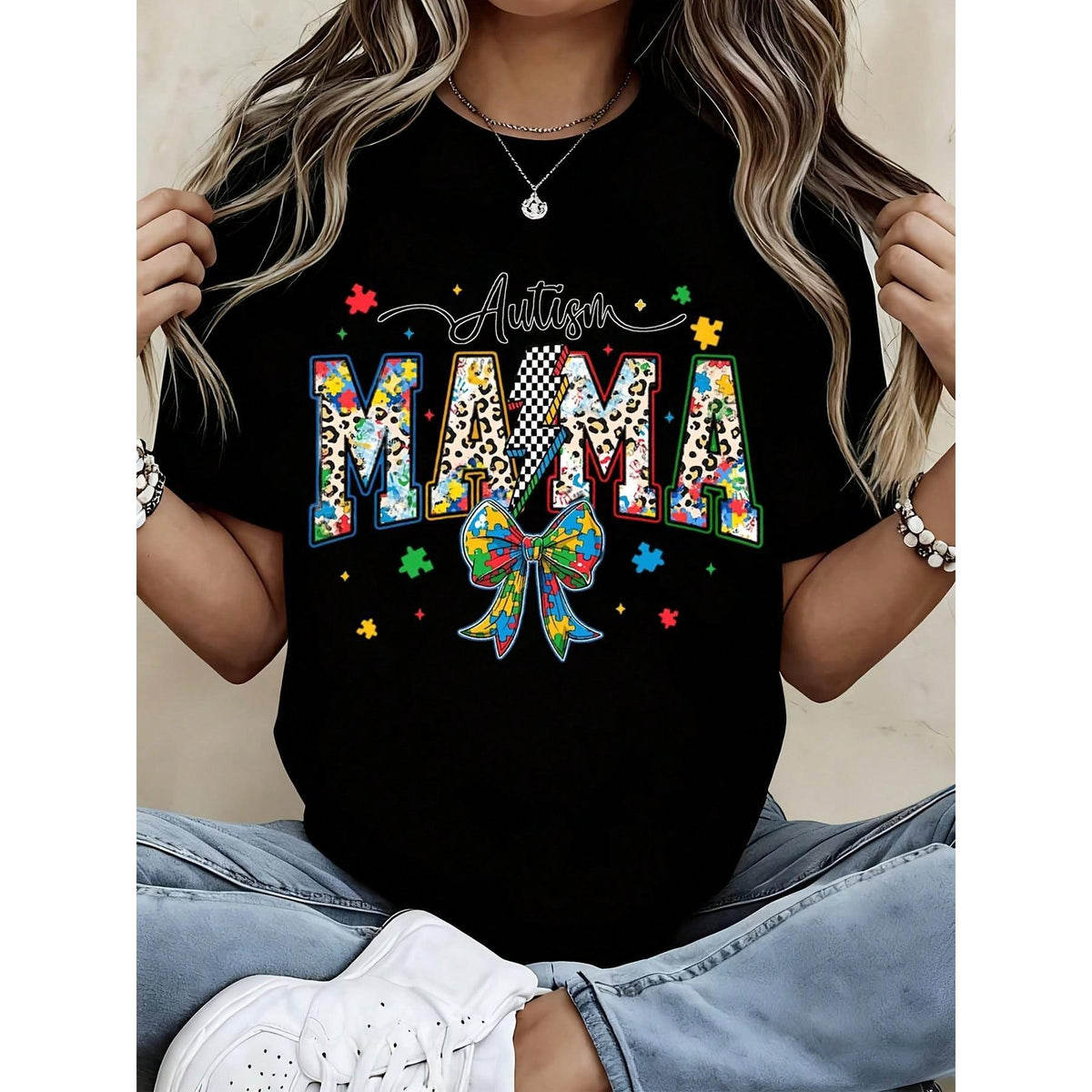 Autism Mama T Shirt With Colorful Puzzle Piece And Leopard Print Design For Motherhood And Awareness Events