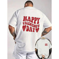 HAPPY VALENTINE'S DAY T-Shirt for Men | Black Crew Neck Short Sleeve Tee with Red Text & Heart Designs on Back/Left Chest, Casual Tattoo-Friendly, Light Gray Background - Perfect for Valentine'S Day Gift, Beach Wear with White Shorts