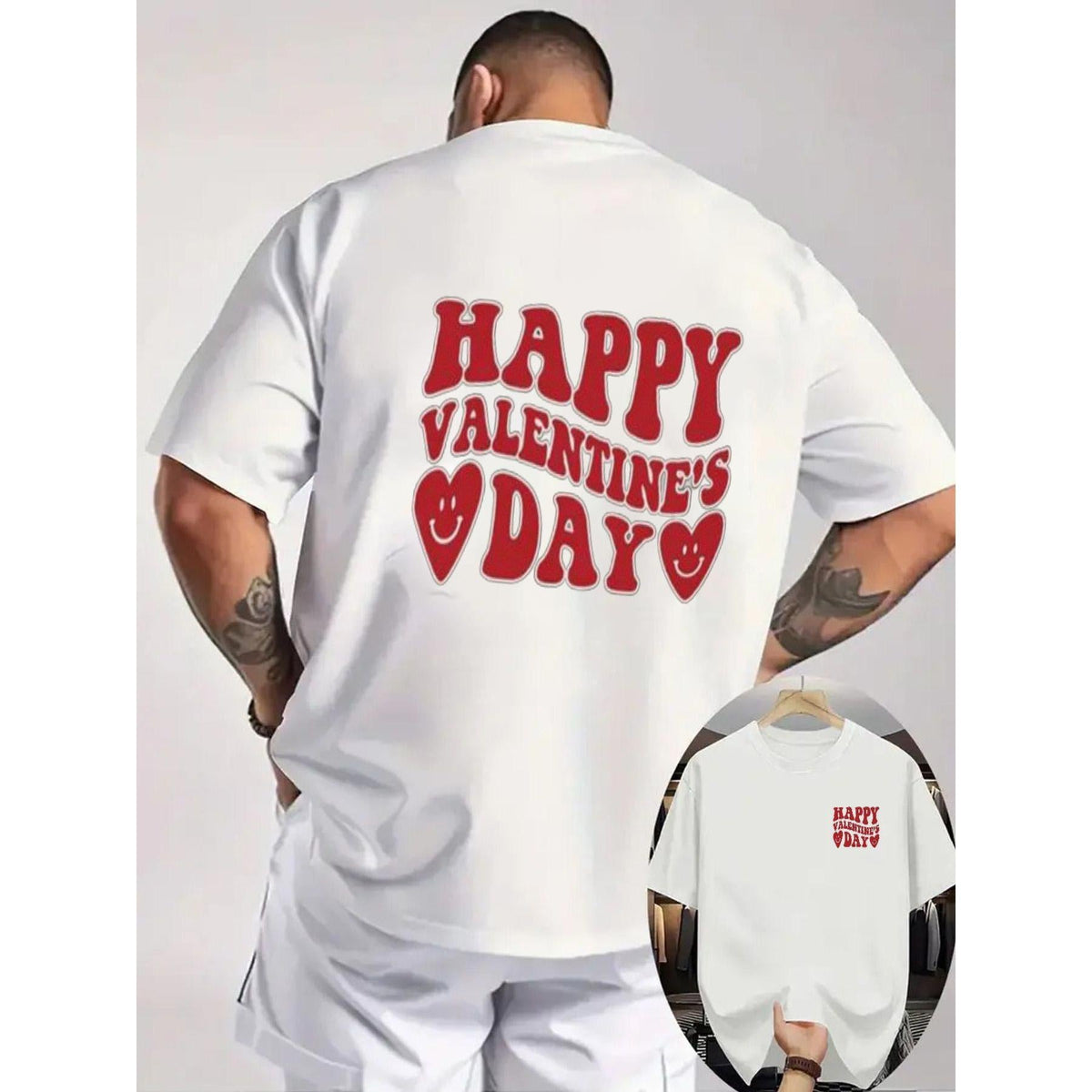 HAPPY VALENTINE'S DAY T-Shirt for Men | Black Crew Neck Short Sleeve Tee with Red Text & Heart Designs on Back/Left Chest, Casual Tattoo-Friendly, Light Gray Background - Perfect for Valentine'S Day Gift, Beach Wear with White Shorts