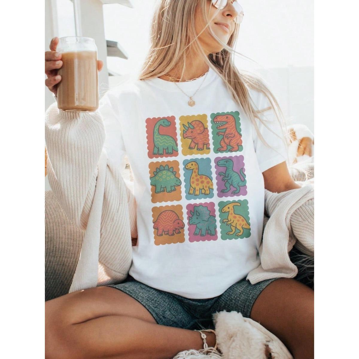 Retro Dino Grid Graphic Tee:  Dinosaur Shirt