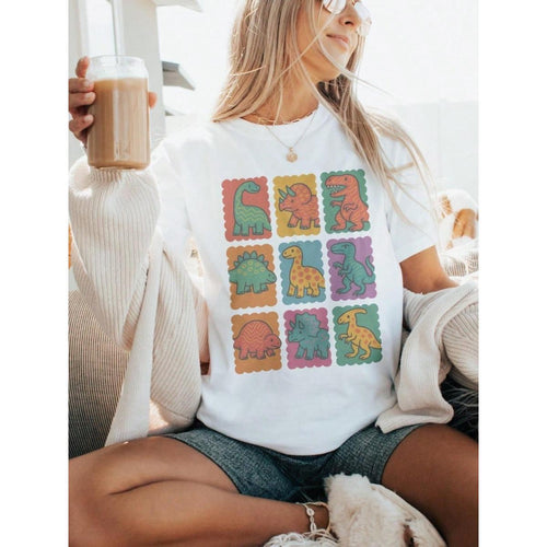 Retro Dino Grid Graphic Tee:  Dinosaur Shirt