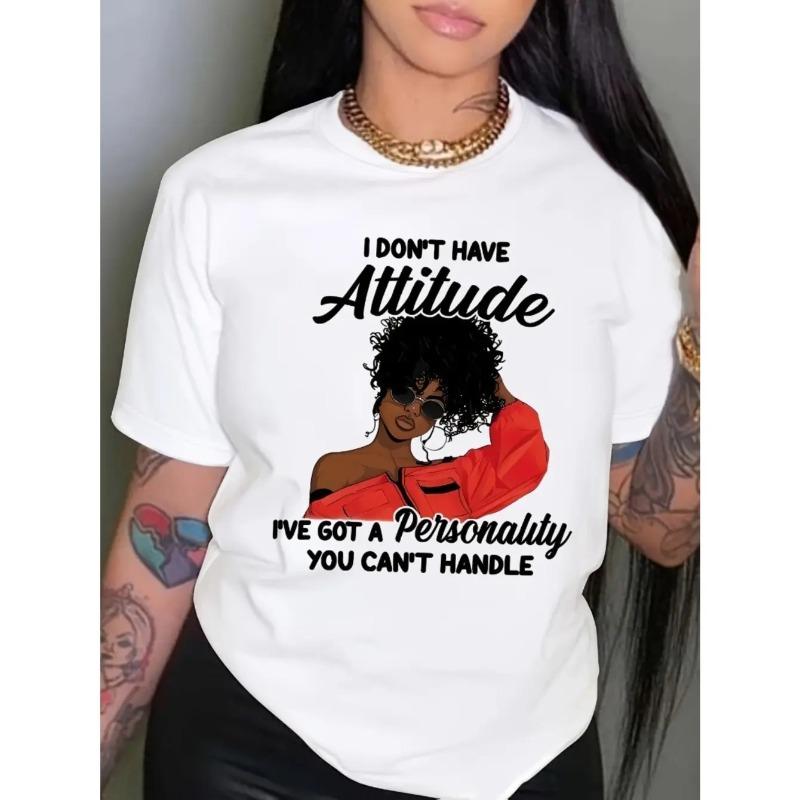 Women's Graphic Print T-Shirt - Bold "I Don't Have Attitude..." Slogan & Red Fashion Glasses Design, Soft Breathable Fabric, Short Sleeve Round Neck Casual Top for Summer & Spring, Machine Washable