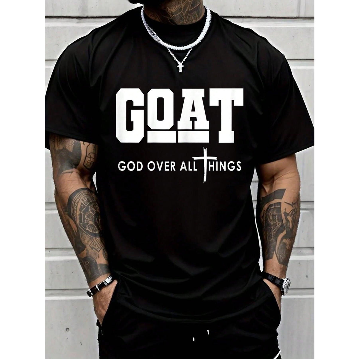 100% Cotton Goat God Over All Things Funny Jesus Christian Printed T-Shirt, Short-Sleeved Crew Neck Casual Top, Suitable For All Seasons, Men's Wear